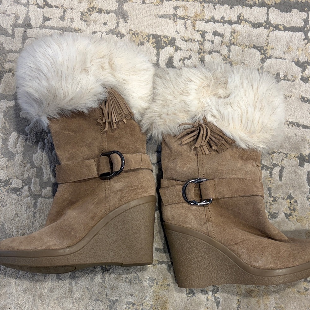 Marc Fisher Beige Wedge Boots with Faux Fur